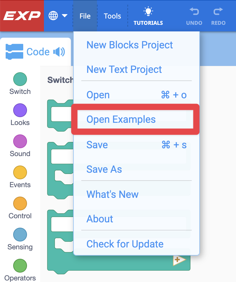 Open File Menu in VEXcode EXP with the following options being shown from top to bottom: New Blocks Project, New Text Project, Open, Open Examples, Save, Save As, Whats New, About, Check for Update. The Open Examples option has a red box around it.