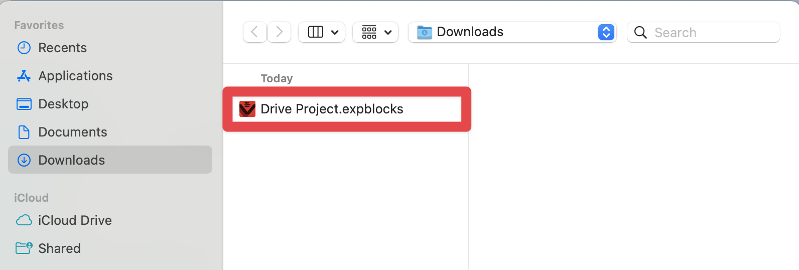 The Finder window on a macOS device being shown with the downloads folder open and a VEXcode EXP project with a red box around it.