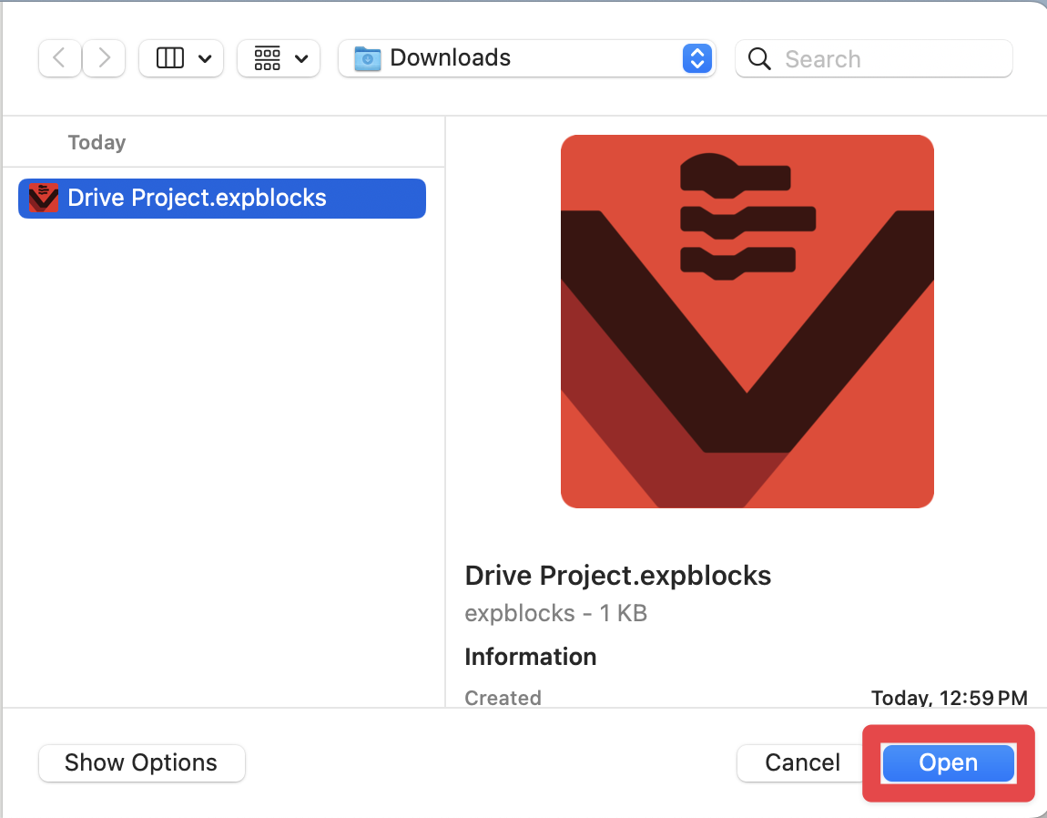The Finder window on a macOS device with a VEXcode EXP blocks project selected. The Open button at the bottom has a red box around it.