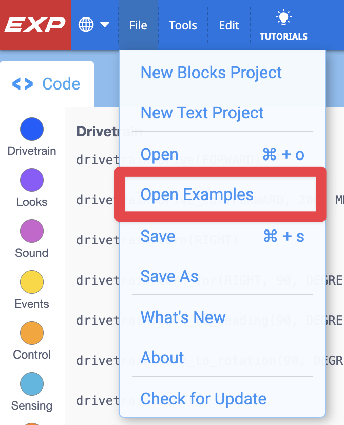 Open File Menu in VEXcode EXP with the following options being shown from top to bottom: New Blocks Project, New Text Project, Open, Open Examples, Save, Save As, Whats New, About, Check for Update. The Open Examples option has a red box around it.