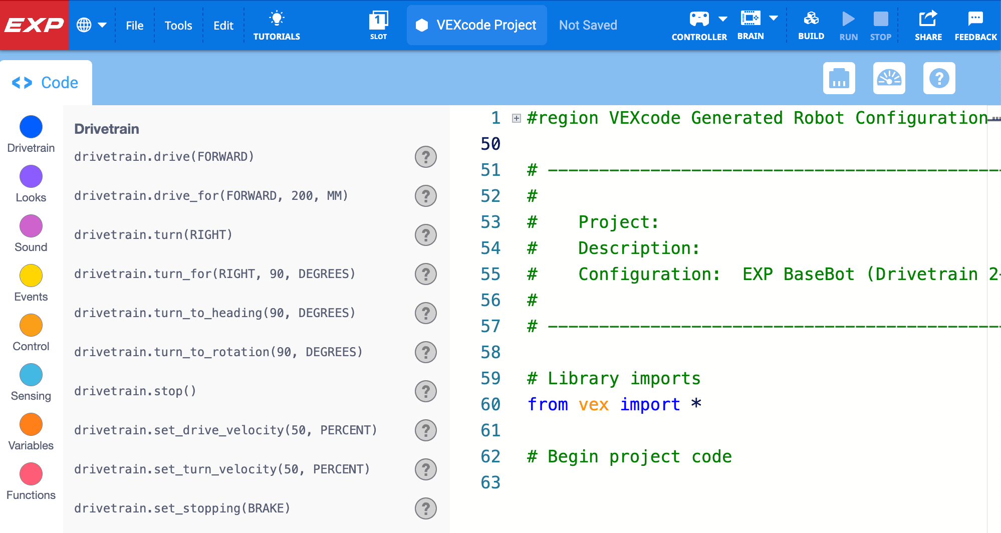 VEXcode EXP project open with a note at the top that lists the configuration of the robot as a BaseBot (Drivetrain 2-motor, Inertial).
