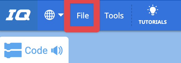 VEXcode IQ Toolbar with the File option highlighted in between the Language and Tools options.