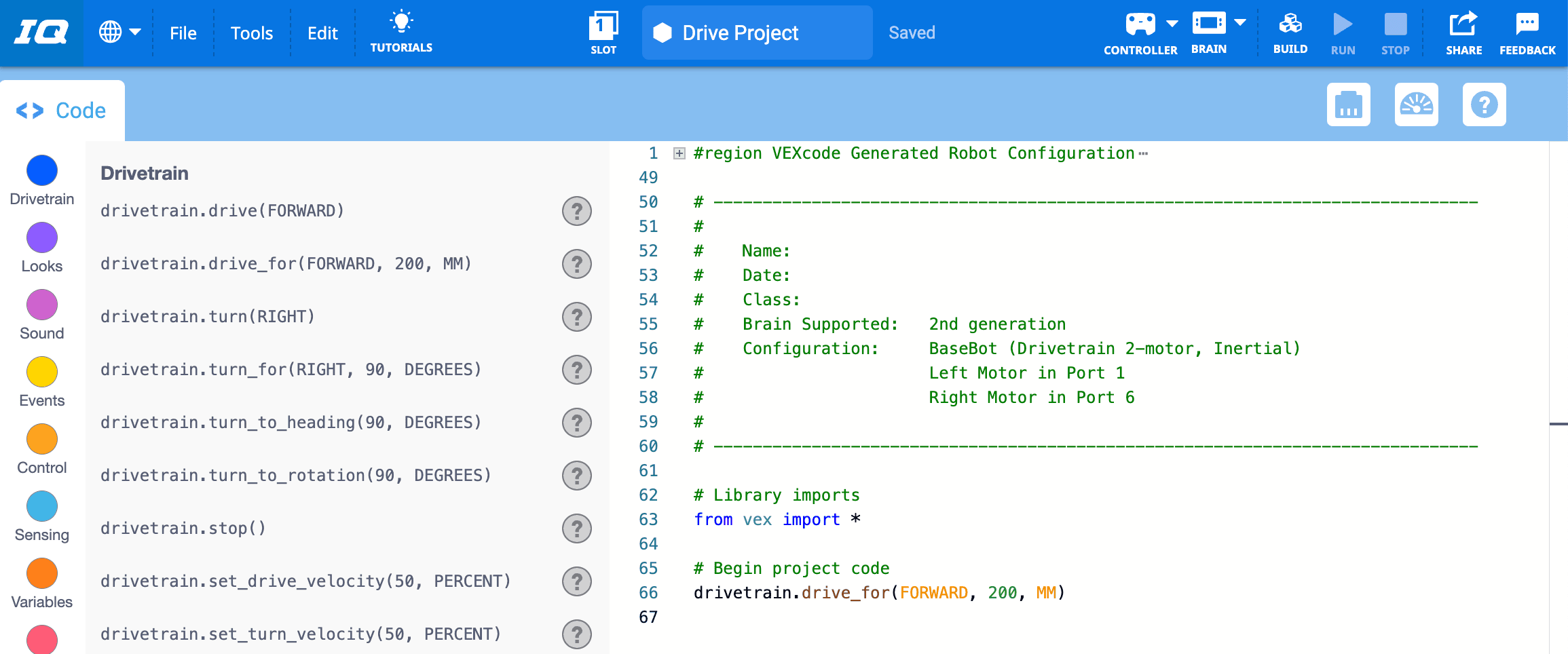 VEXcode IQ with a previously saved Python project successfully opened in the Workspace.