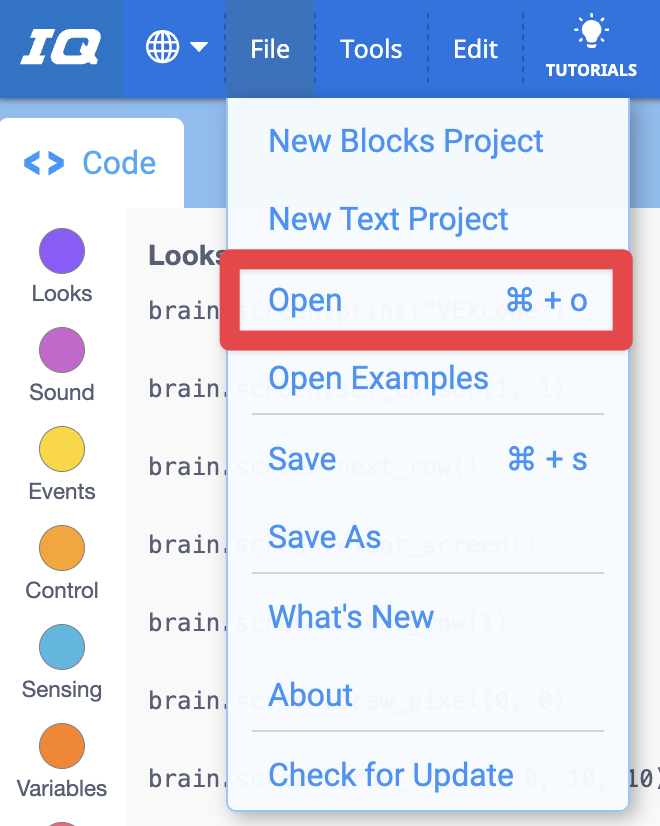 VEXcode IQ Toolbar with the File menu open and the Open option highlighted. Open is the third option in the menu, below New Blocks Project and New Text Project.