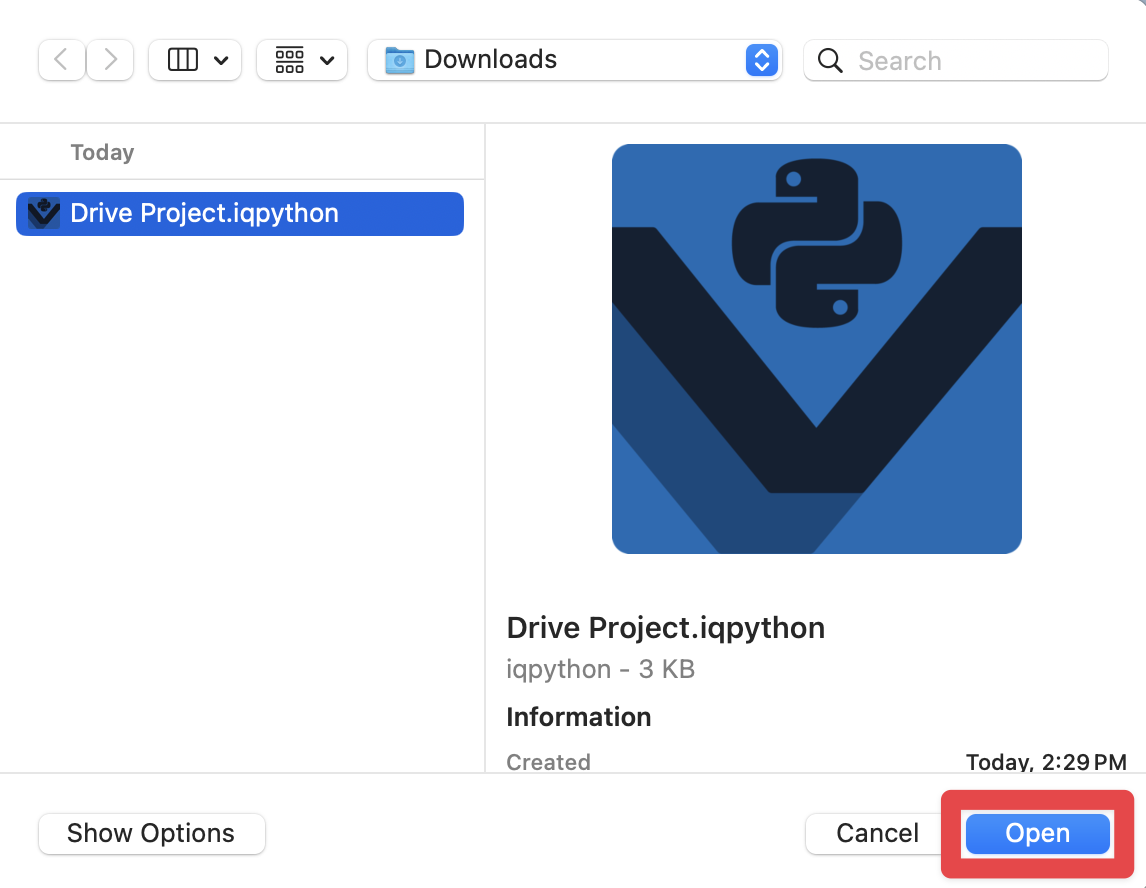 Previously saved VEXcode IQ project in the device's files is selected, and the Open button at the bottom of the menu is highlighted.