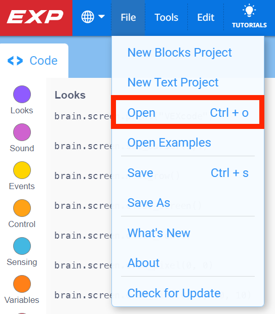 VEXcode EXP Toolbar with the File menu open and the Open option highlighted. Open is the third option in the menu, below New Blocks Project and New Text Project.