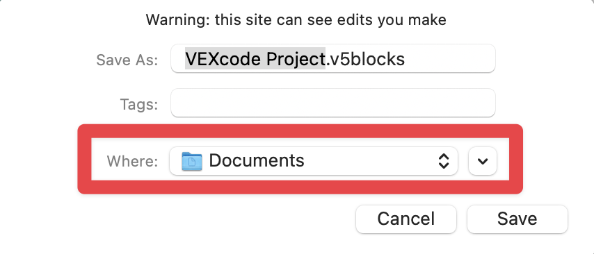 Project dialogue box on macOS shown with areas to choose the file name, download location, and tags. A red box highlights the download location dropdown.