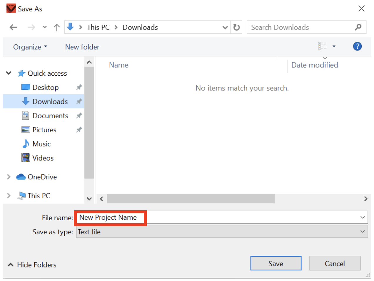 Windows device Save As menu with New Project Name written in the project name dialog on the bottom, highlighted in red.