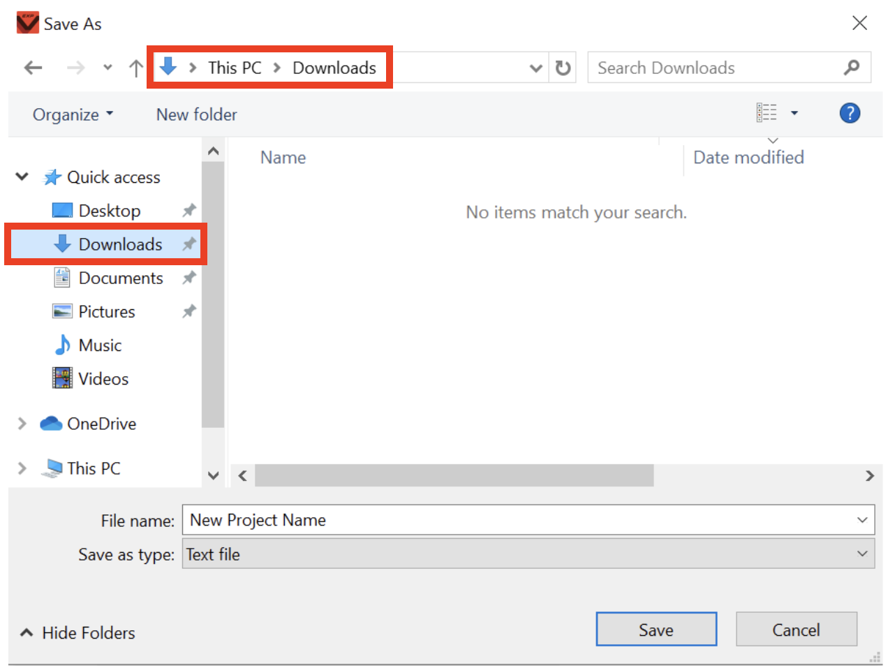 Windows device Save As dialog window with the location Downloads selected from the location list on the left and showing in the location bar across the top. Both are highlighted in red to show that Downloads is selected.