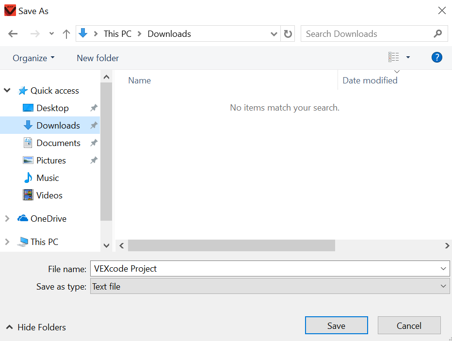 Windows device Save As Dialog window open, showing the project name at the bottom and locations in a menu to the left.