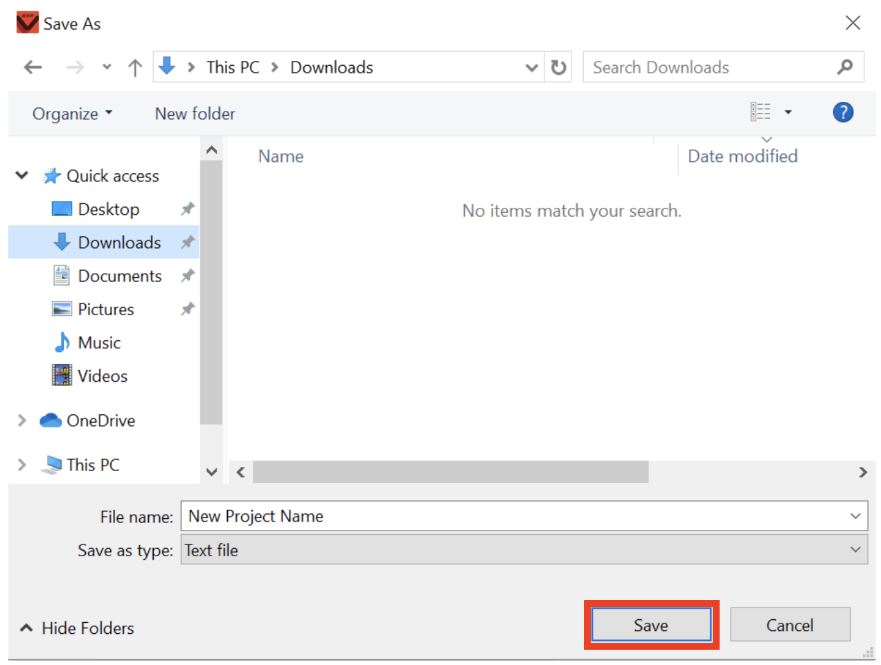 Windows device Save As Dialog menu with the Save button in the lower right highlighted in red.