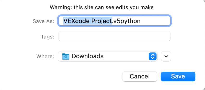 Project dialogue box on macOS shown with areas to choose the file name, download location, and tags.