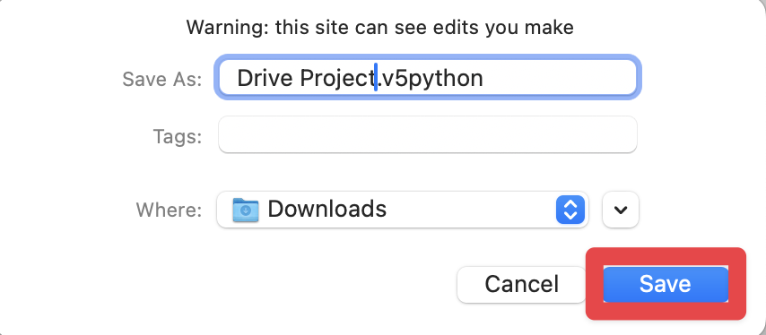 Project dialogue box on macOS shown with areas to choose the file name, download location, and tags. The updated project name Drive Project is shown. A red highlight box is around the save option.