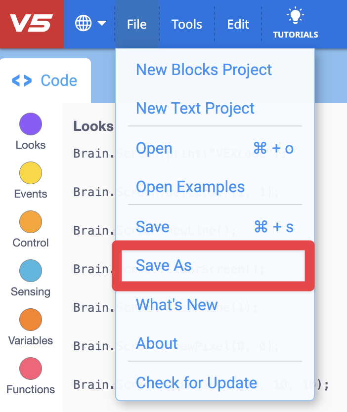 File menu in VEXcode open with the following options shown: New Blocks Project, New Text Project, Open, Open Examples, Save, Save As, What's New, About, and Check For Updates. The Save As option is highlighted with a red box.