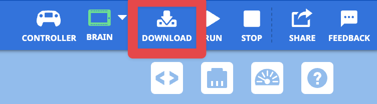 VEXcode Toolbar with the following icons shown left to right: Controller, Brain (highlighted green), Download, Run, Stop, Share, and Feedback. The Download option is highlighted with a red box.