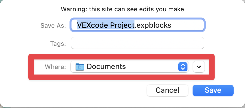 Project dialogue box on macOS shown with areas to choose the file name, download location, and tags. A red box highlights the download location dropdown.
