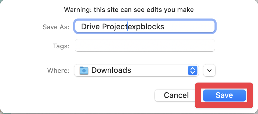 Project dialogue box on macOS shown with areas to choose the file name, download location, and tags. A red box highlights the save option in the bottom right corner.