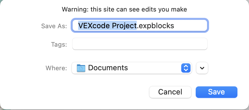 Project dialogue box on macOS shown with areas to choose the file name, download location, and tags.