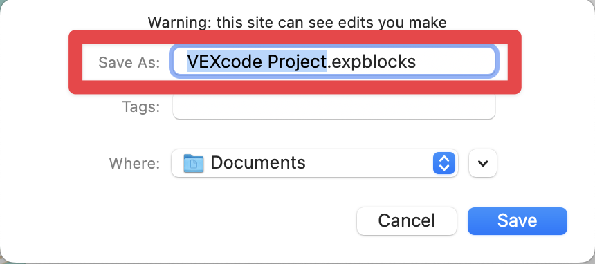 Project dialogue box on macOS shown with areas to choose the file name, download location, and tags. A red box highlights the file name.