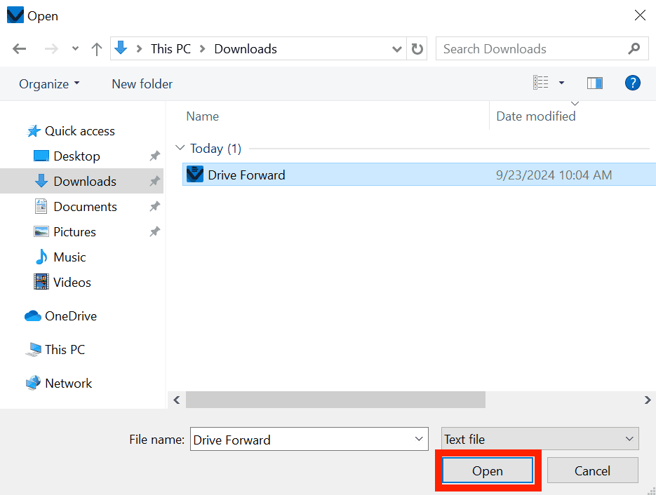 Previously saved VEXcode IQ project in the device's files is selected, and the Open button at the bottom of the menu is highlighted.