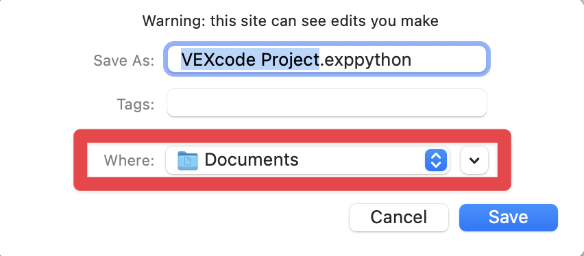 The device's Save As menu is open and set to save to the Documents folder. The Where field that can be used to set the file's destination is highlighted.