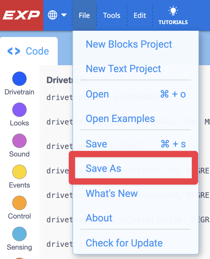VEXcode EXP Toolbar with the File menu open and the Save As option highlighted. Save As is the sixth option in the menu, below New Blocks Project, New Text Project, Open, Open Examples, and Save.