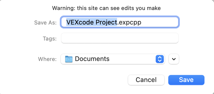 Project dialogue box on macOS shown with areas to choose the file name, download location, and tags.