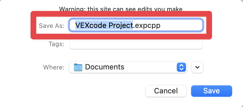 Project dialogue box on macOS shown with areas to choose the file name, download location, and tags. A red box highlights the file name.