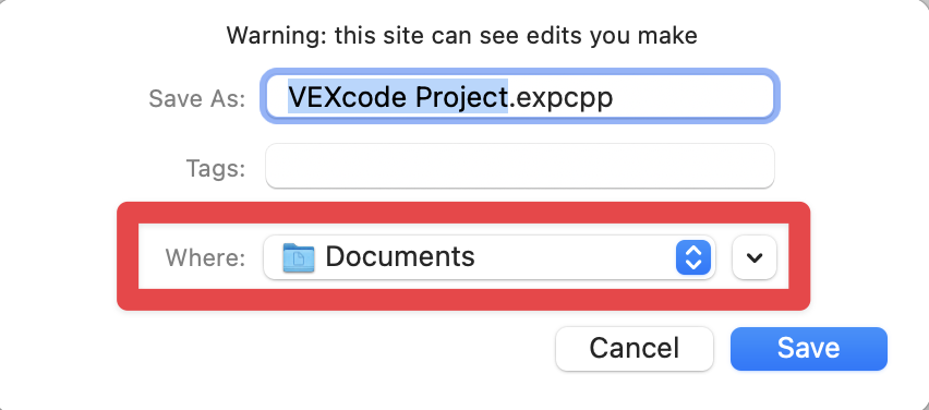 Project dialogue box on macOS shown with areas to choose the file name, download location, and tags. A red box highlights the download location dropdown.