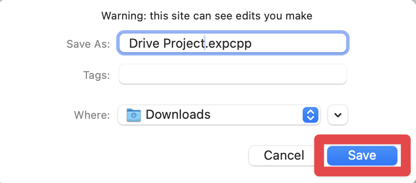 Project dialogue box on macOS shown with areas to choose the file name, download location, and tags. A red box highlights the save option in the bottom right corner.