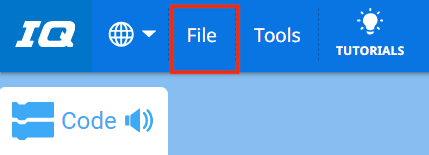 VEXcode IQ Toolbar with the File option highlighted in between the Language and Tools options.
