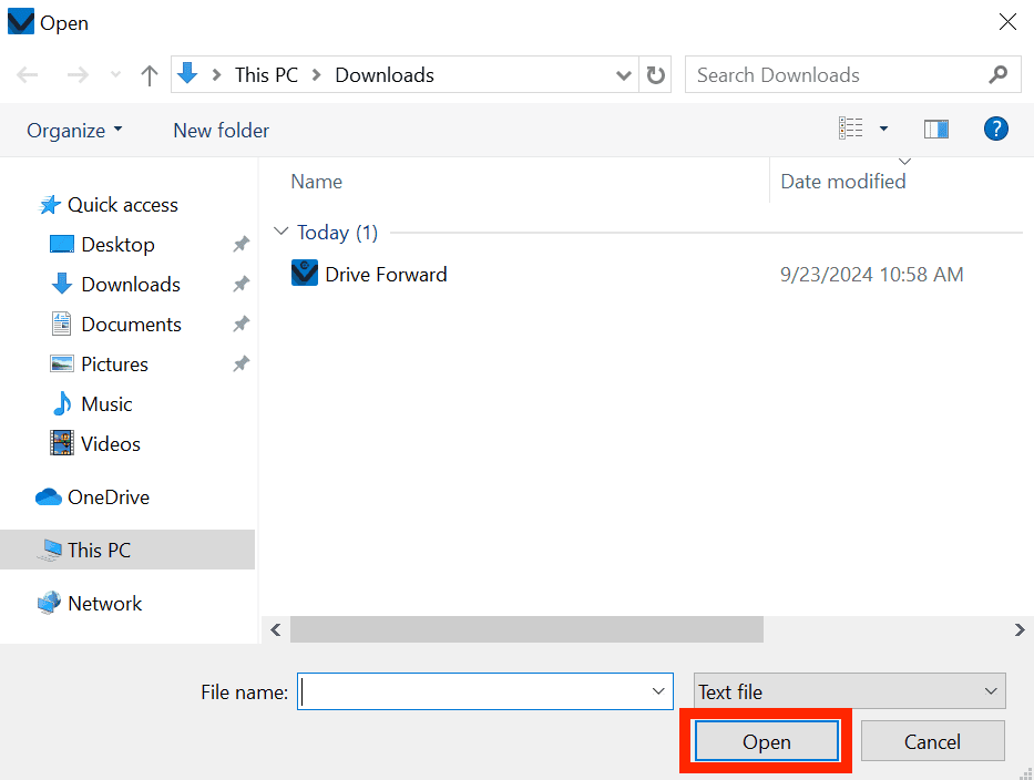 Previously saved VEXcode IQ project in the device's files is selected, and the Open button at the bottom of the menu is highlighted.