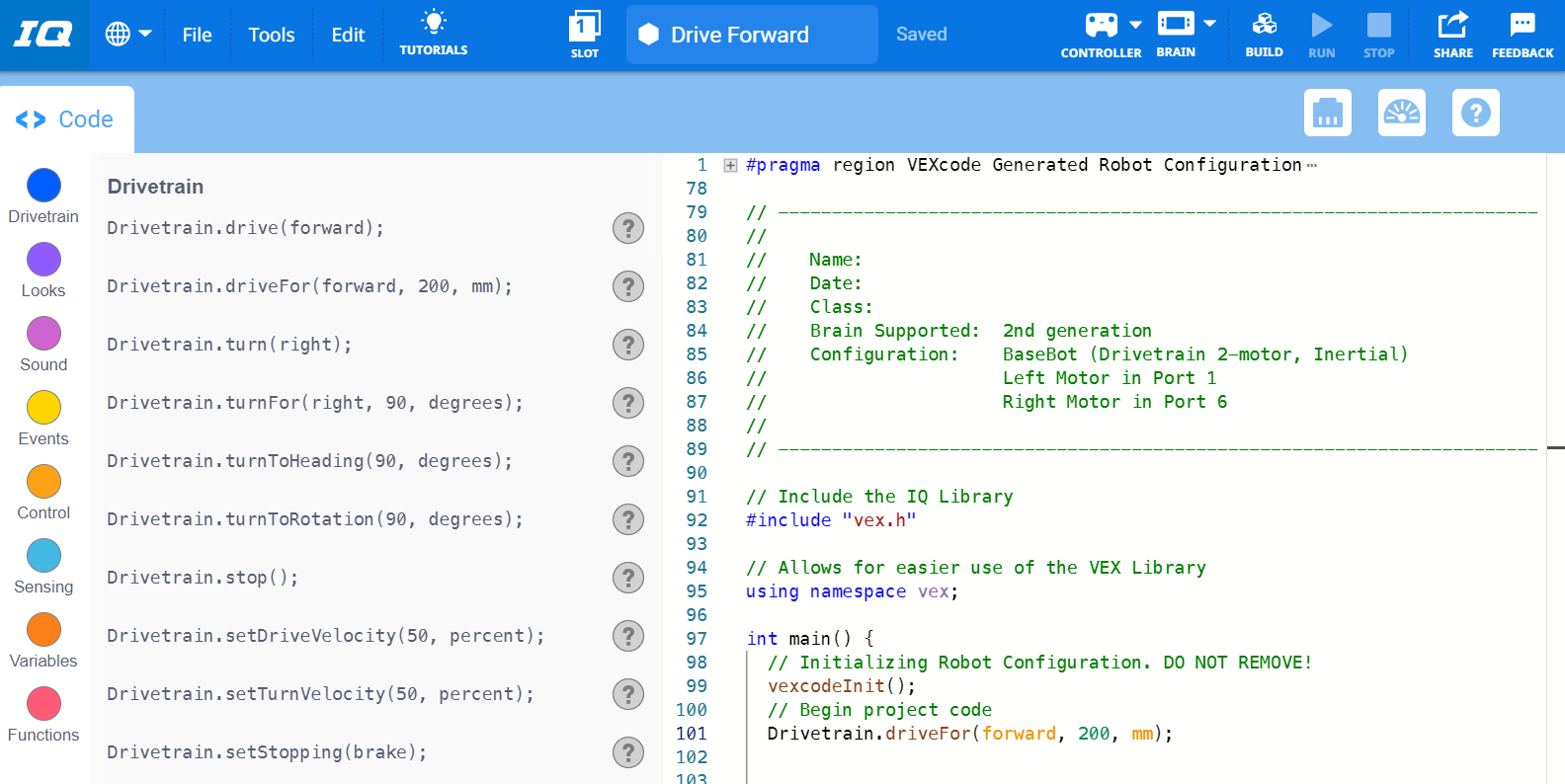 VEXcode IQ with a previously saved C++ project successfully opened in the Workspace.