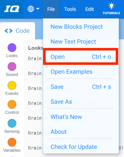 VEXcode IQ Toolbar with the File menu open and the Open option highlighted. Open is the third option in the menu, below New Blocks Project and New Text Project.