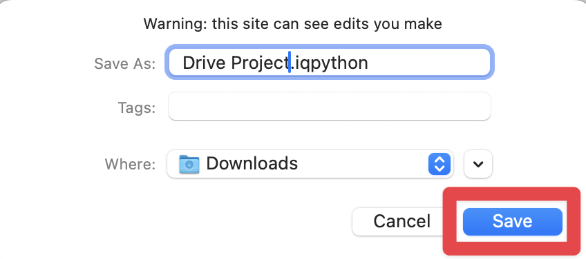 Project dialogue box on macOS shown with the project name Drive Project and download location as the Downloads folder. A red box highlights the Save button.