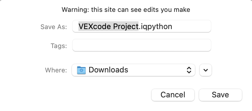 Project dialogue box on macOS shown with areas to choose the file name, download location, and tags.