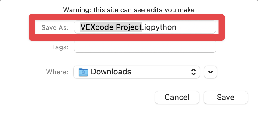 Project dialogue box on macOS shown with areas to choose the file name, download location, and tags. A red box highlights the file name.
