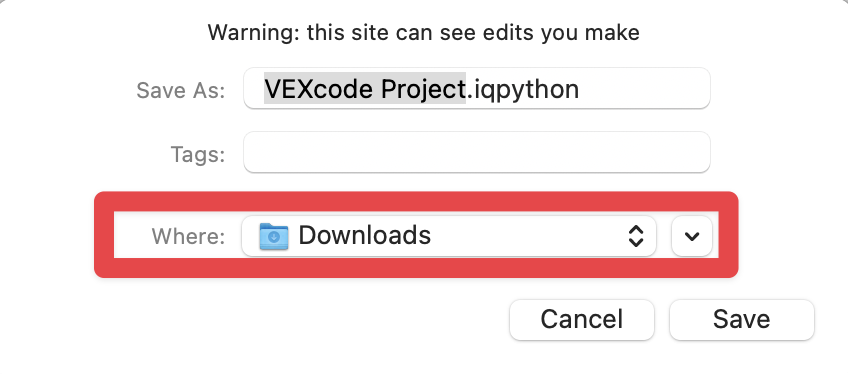 Project dialogue box on macOS shown with areas to choose the file name, download location, and tags. A red box highlights the download location dropdown.