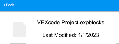 File details screen showing a file named VEXcode Project.expblocks with the last modified date of January 1, 2023. A back navigation link is visible at the top left, and the file icon is shown to the left of the file name.