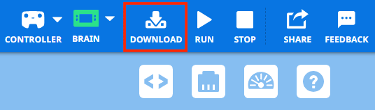 VEXcode IQ Toolbar with the Download icon highlighted in between the Brain and Run icons.