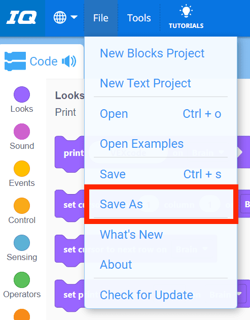 VEXcode IQ Toolbar with the File menu open and the Save As option highlighted. Save As is the sixth option in the menu, below New Blocks Project, New Text Project, Open, Open Examples, and Save.
