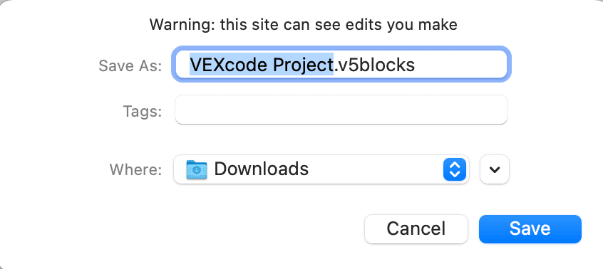Project dialogue box on macOS shown with areas to choose the file name, download location, and tags.