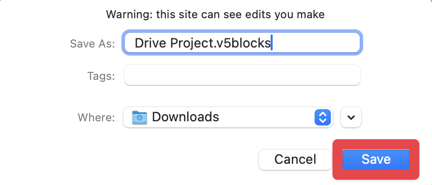 Project dialogue box on macOS shown with areas to choose the file name, download location, and tags. A red box highlights the save option in the bottom right corner.