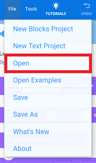 Dropdown menu from a VEXcode interface showing options under the File tab, with the option Open highlighted by a red box. Other visible options include New Blocks Project, New Text Project, Open Examples, Save, Save As, What's New, and About.
