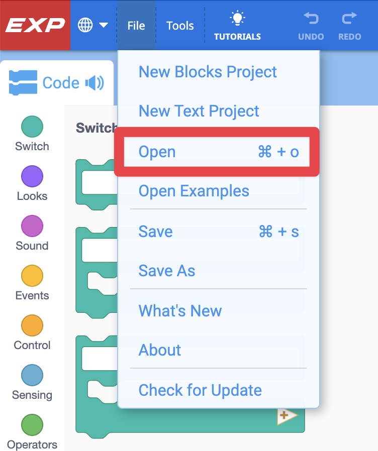 Open File Menu in VEXcode EXP with the following options being shown from top to bottom: New Blocks Project, New Text Project, Open, Open Examples, Save, Save As, Whats New, About, Check for Update. The Open option has a red box around it.