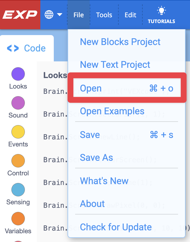 Open File Menu in VEXcode EXP with the following options being shown from top to bottom: New Blocks Project, New Text Project, Open, Open Examples, Save, Save As, Whats New, About, Check for Update. The Open option has a red box around it.