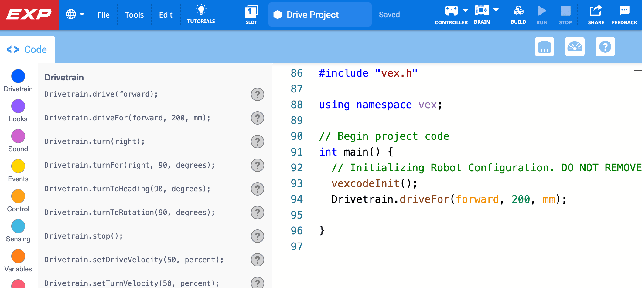 A VEXcode EXP project with the title Drive Project shown at the top. A Drive for command is at the beginning of the project code.