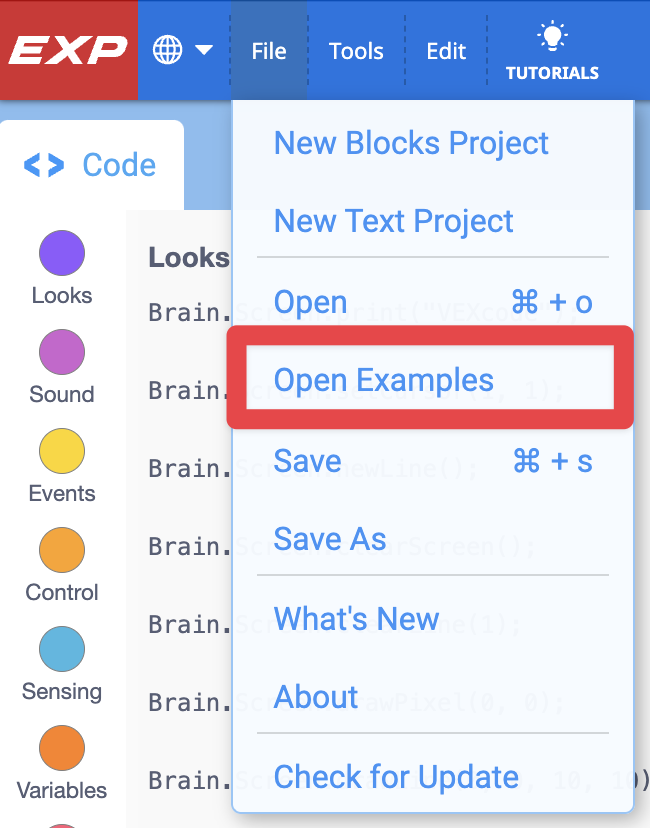 Open File Menu in VEXcode EXP with the following options being shown from top to bottom: New Blocks Project, New Text Project, Open, Open Examples, Save, Save As, Whats New, About, Check for Update. The Open Examples option has a red box around it.