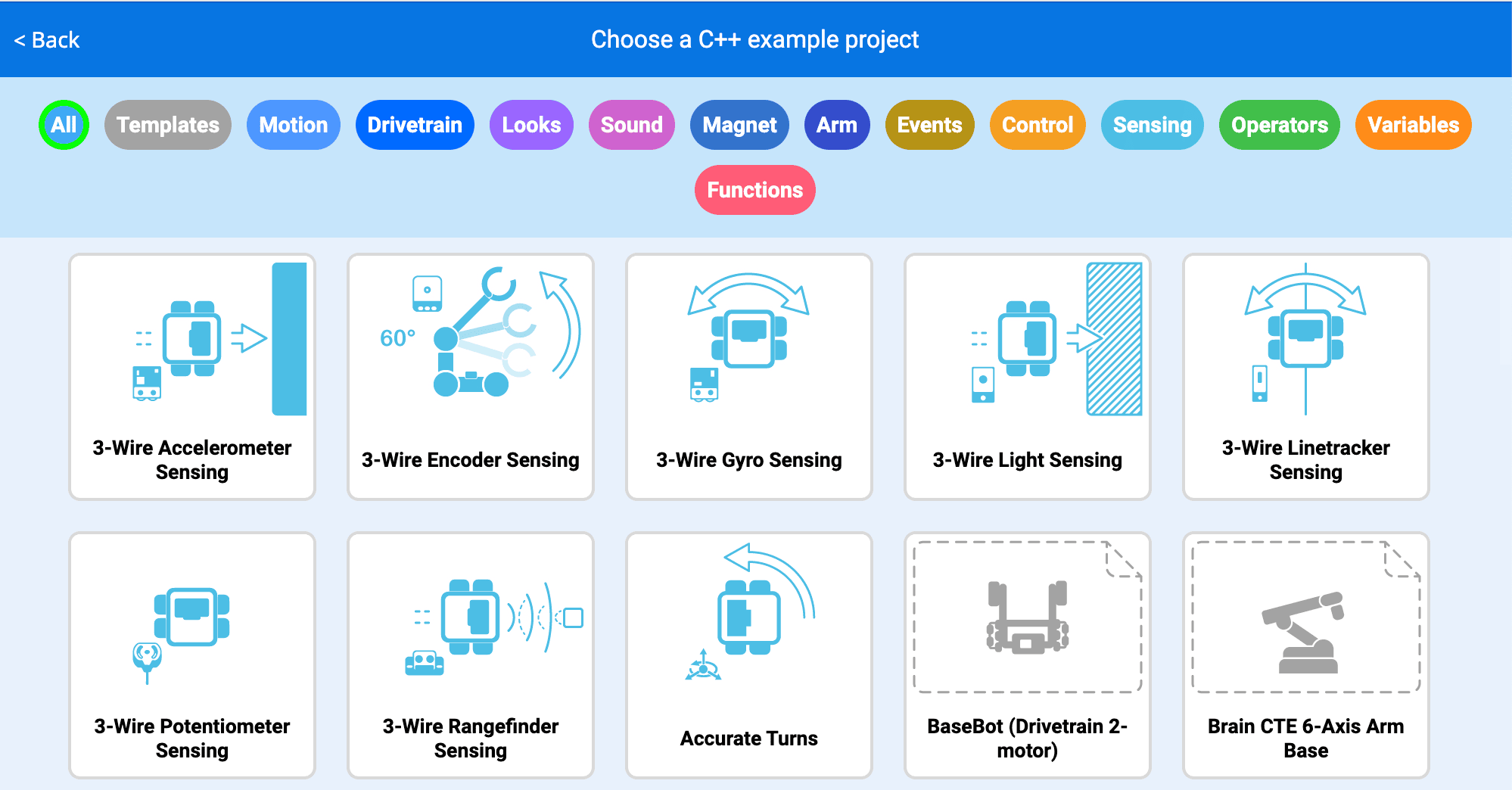 VEXcode EXP Example project icons being shown.