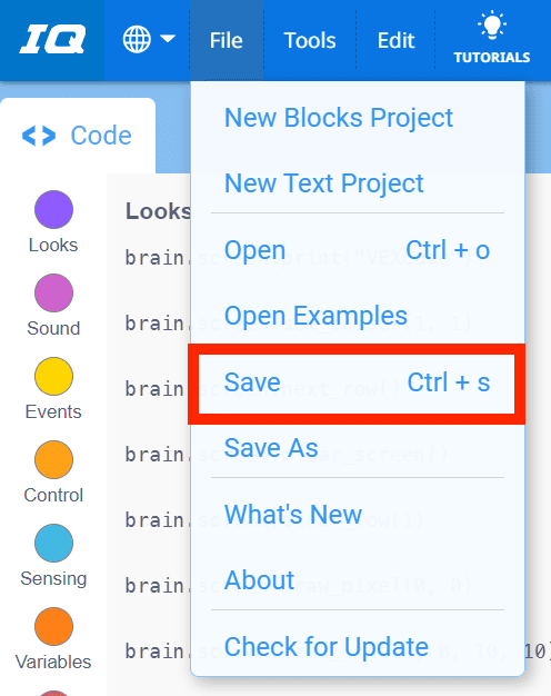 VEXcode IQ Toolbar with File menu open and the Save option highlighted in red. Save is the fifth menu item beneath New Blocks Project, New Text Project, Open, and Open Examples.